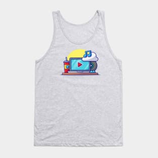 Cloud Music Icon with Laptop, Soda and Note of Music Cartoon Vector Icon Illustration Tank Top